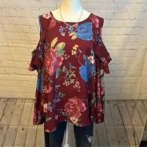 Burgundy Floral Cold Shoulder Top